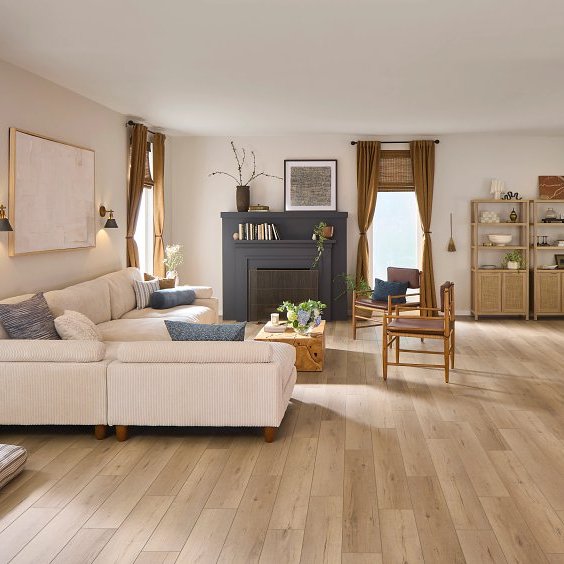 Modern den with light wood look luxury vinyl plank flooring